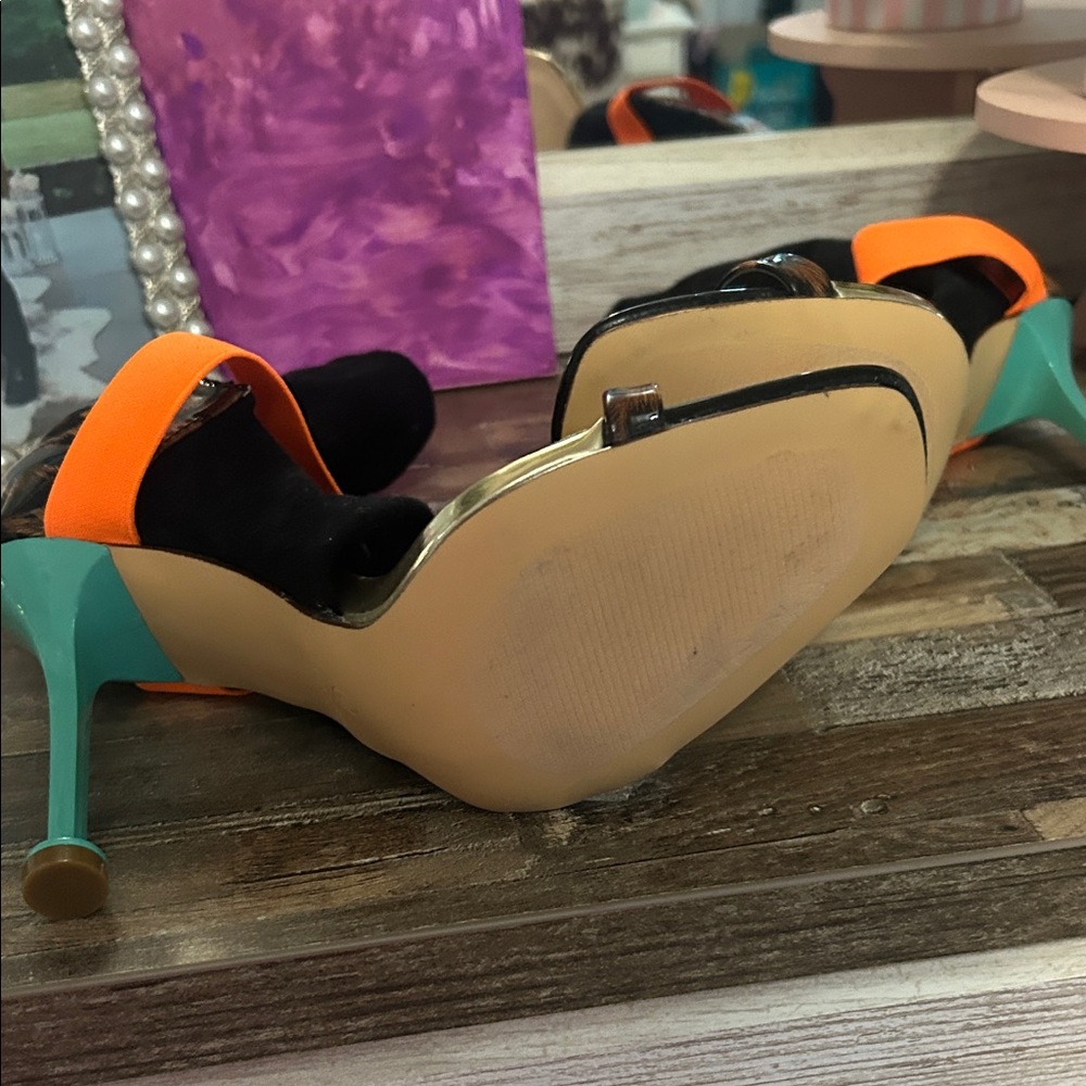 Leopard Print Stiletto Sock Sandals with Orange Strap - Picture 2 of 3